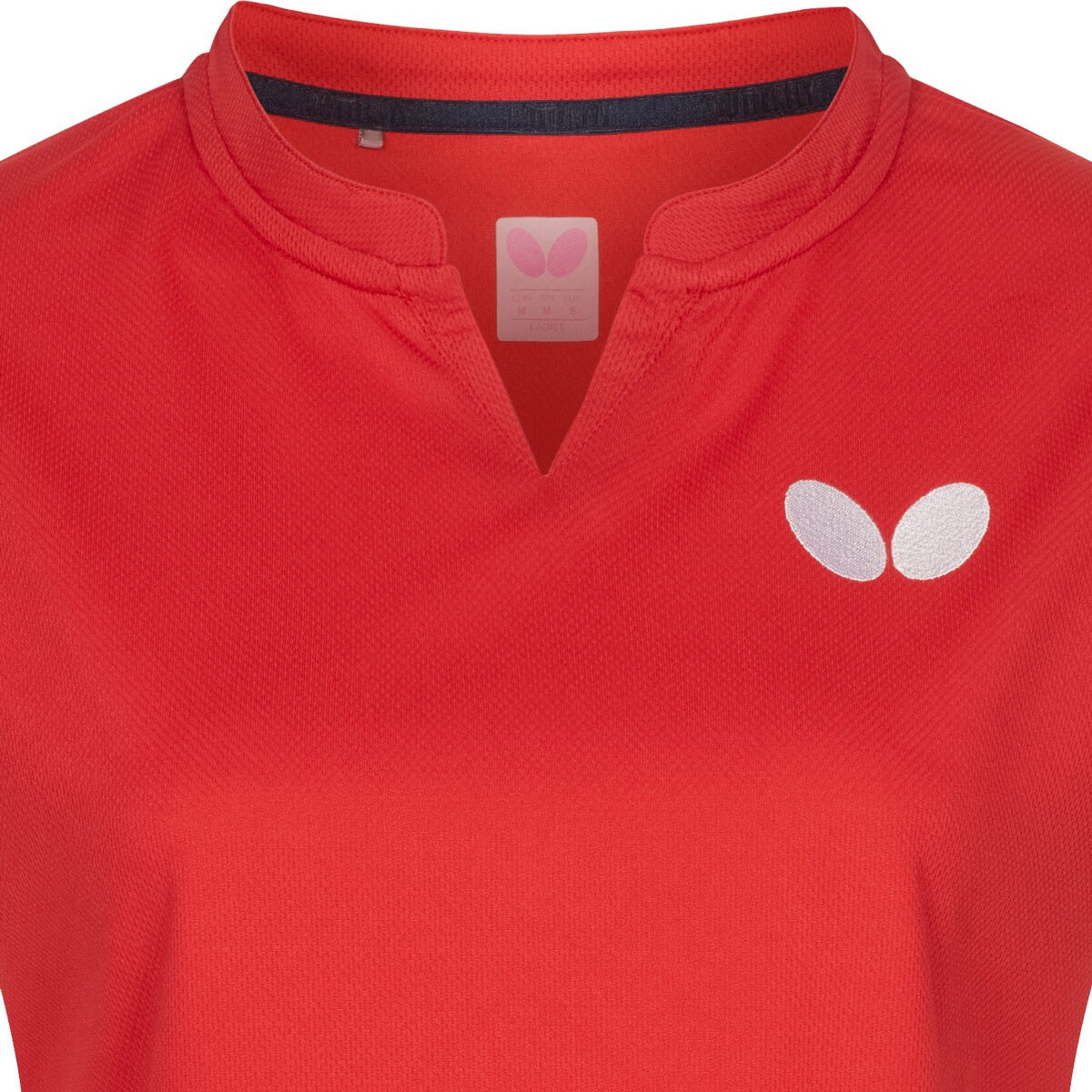 Butterfly Puren Lady Shirt: Close-up of Red Shirt Collar